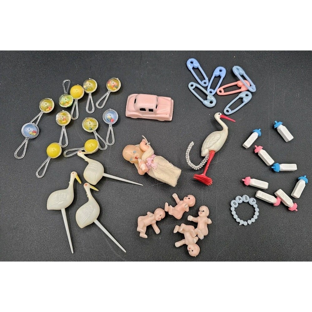 Baby Shower Cake Topper Lot Storks Plastic Diaper Pins Bottles Vtg Boy Or Girl